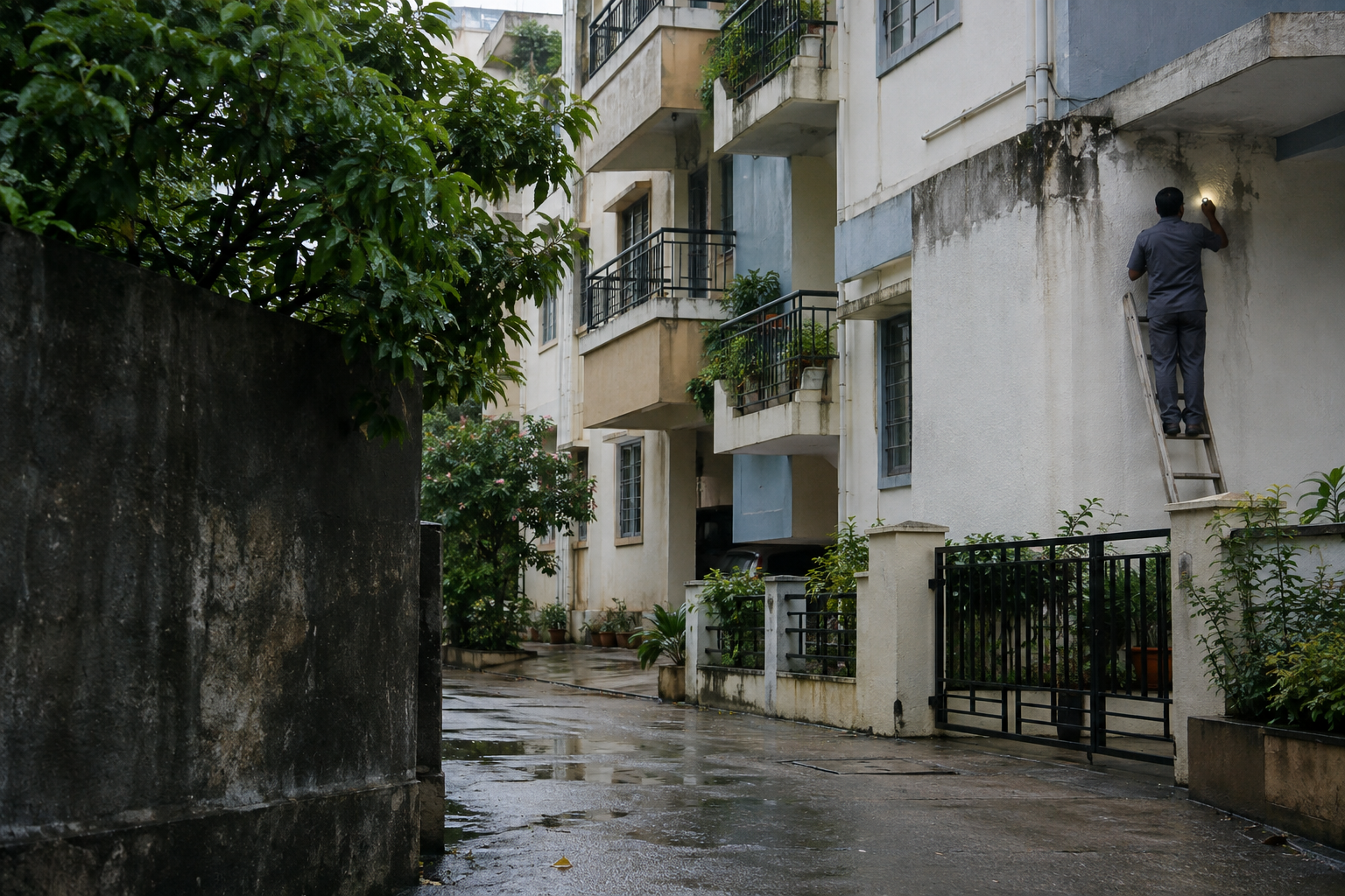 Apartment wall with rain streaks being checked from a ladder