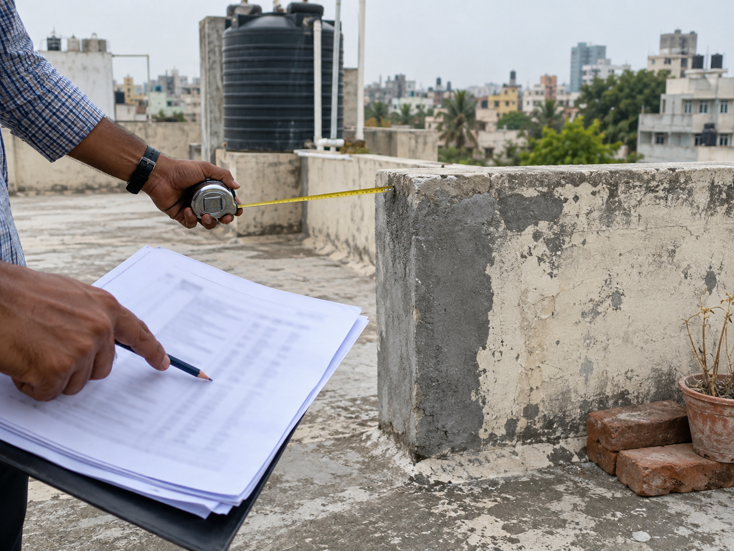 Contractor measuring a terrace